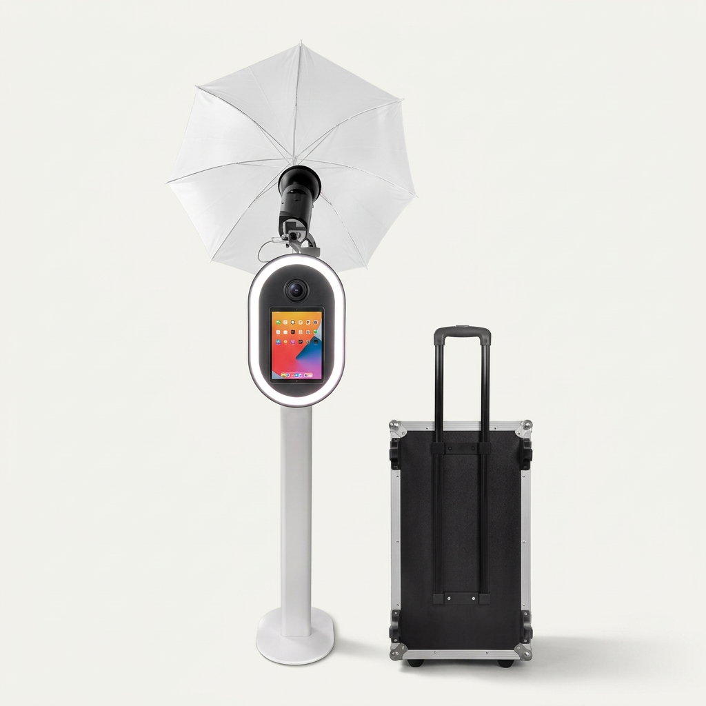 Lumière photo booth in arctic white with ring light and flight case